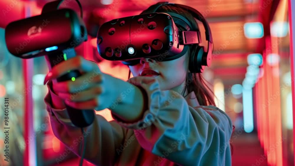 Poster the woman is fully immersed in a virtual reality experience, wearing a headset and gripping a contro