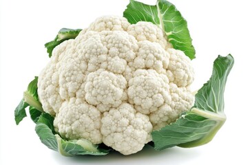 Create an image of a whole, fresh cauliflower with bright white florets and green leaves around