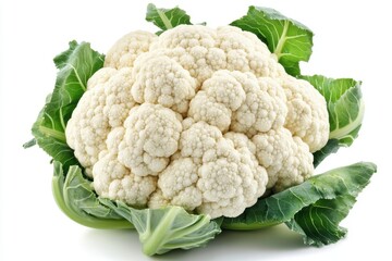 Create an image of a whole, fresh cauliflower with bright white florets and green leaves around
