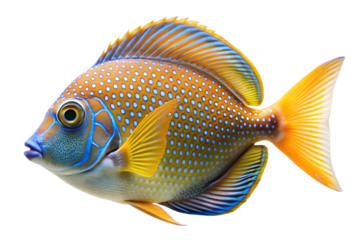 Close-up of blue and yellow fish isolated on transparent background