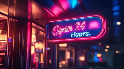 Neon Open 24 Hours Sign Nighttime Business