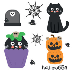 Hand drawing cartoon halloween sticker set. cute sticker for halloween vibes, doodle set