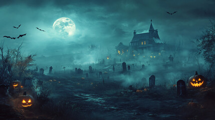 spooky halloween graveyard with haunted house and jack-o-lanterns under a full moon