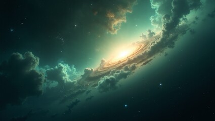 Starry quasar illuminating green and blue nebula clouds with twinkling galaxies