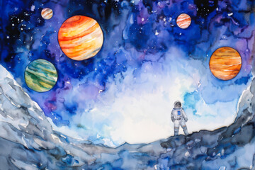 Naklejka premium Dreamy watercolor illustration of an astronaut exploring a surreal galaxy, with planets, rocks, and clouds floating in space. Space exploration meets fantasy in this celestial scene. generative AI