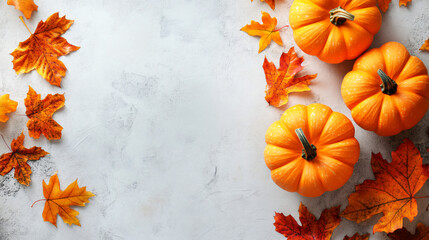 autumnal background with pumpkins and fall leaves on white textured surface with copy space