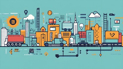 Modern City Skyline Illustration with Buildings  Vehicles  and Icons