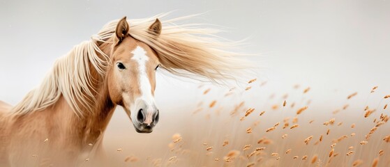 Obraz premium Majestic palomino horse with flowing mane standing in a field of tall grass, against a soft neutral background, capturing grace and beauty.