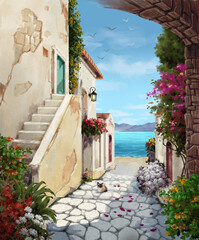 Illustration Painting seaside outdoor summer ambience morning wiht flowers