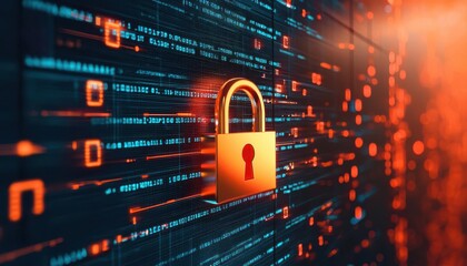 Sleek metallic lock symbol glowing in a dark digital space, surrounded by binary code and data streams, representing cybersecurity