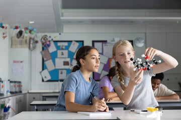 Two girl students in science class looking at a molecular model together