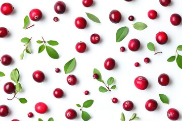 Create an image of scattered red cranberries with a few small green leaves interspersed among