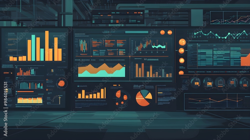 Poster futuristic data analytics dashboard with graphs and charts