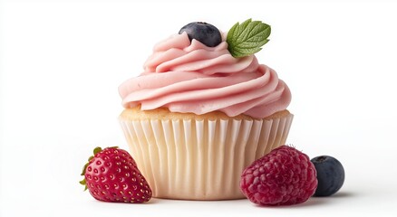 A cupcake with pink cream and strawberry 