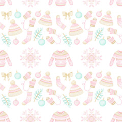 Watercolor seamless pattern with Christmas clothes, tree decorations, bows on white background. Cute illustration for textile and wrapping paper