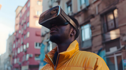 Fototapeta premium A man wearing virtual glasses will wipe while controlling a program or device. AI Generated