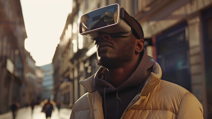 Fototapeta premium A man wearing virtual glasses will wipe while controlling a program or device. AI Generated