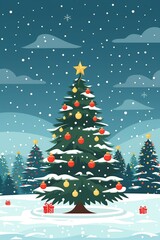 Fototapeta premium A Christmas tree with many ornaments is surrounded by trees in a snowy landscape