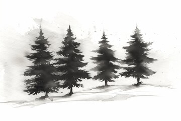 Obraz premium A painting of four trees in a forest. The trees are black and the background is white. The mood of the painting is serene and peaceful