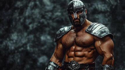 A Muscular Gladiator in Full Armor Stands Against a Dark, Stormy Background, Ready for Battle