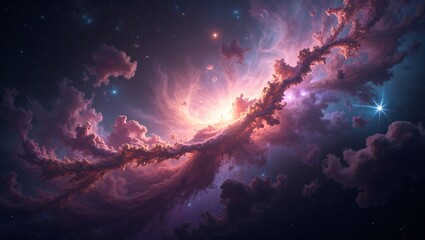 Naklejka premium Glowing nebula in cosmic dust field with bright stars