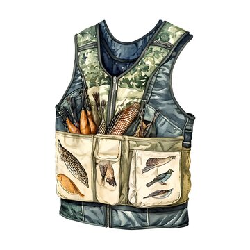recommend clip art: Watercolor illustration of a fishing vest with pockets and fishing equipment.