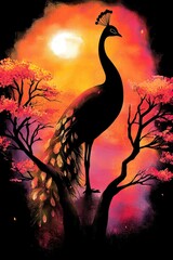 Fototapeta premium Peacock Silhouette in a Sunset Landscape