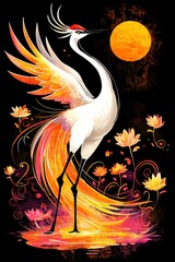 Fiery Crane with Moon and Flowers