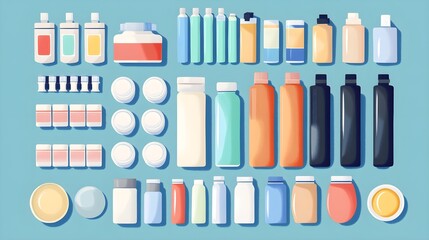 Cosmetic Bottles and Jars Mockup on Blue Background