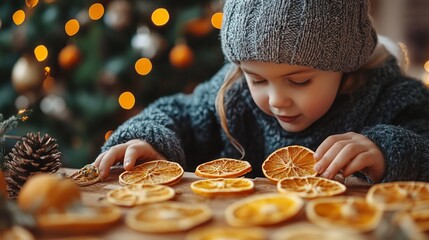 Naklejka premium A child in warm clothing closely examines dried orange slices on a wooden table. Background features festive Christmas lights. Eco-friendly holiday decor, sustainable, concept