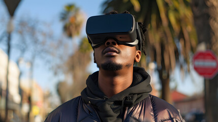 A man wearing virtual glasses will wipe while controlling a program or device. AI Generated