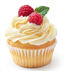 Cupcake with white cream and raspberries on isolated background
