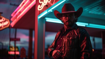 Stylish cowboy stands under bright neon lights at night. A captivating scene filled with color and western allure.