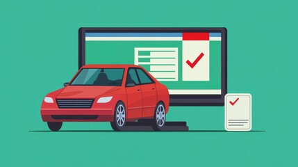 Flat Cartoon Auto Test with Checkmark on Computer Screen