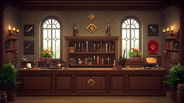 A Detailed Illustration of a Vintage Shop Interior with a Wooden Counter, Shelves, and Windows, Featuring Decorated Weapons and Books
