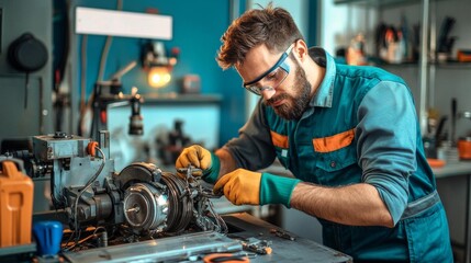 Remote assistance, technician helping with broken machinery, repair sign in background