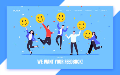 Employee happiness and work attitude feedback business concept flat style vector illustration. Business people with various feedback emoticons. Working wellbeing and satisfaction feedback