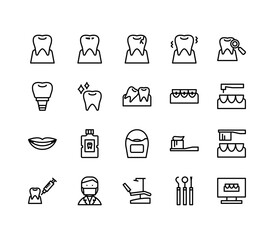 Set of dental icons. Black outlined simple icons drawing. 