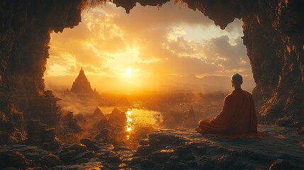 Serene Monk Meditating at Sunrise in Ancient Landscape