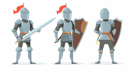 Fototapeta premium Three Cartoon Knights in Full Armor Posing with Swords and Shields, Representing Different Combat Styles