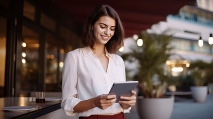 Fototapeta premium A woman in her late thirties, wearing business casual, stands smiling at an iPad she is holding. 