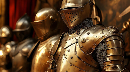 Naklejka premium A Close-up View of a Golden Knight's Armor with Intricate Details, Showing the Chainmail and Plates, Emphasizing the Craftsmanship of the Armor
