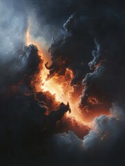 Dramatic cosmic nebula illuminated by fiery bursts of light against a backdrop of dark, swirling clouds in the vastness of space