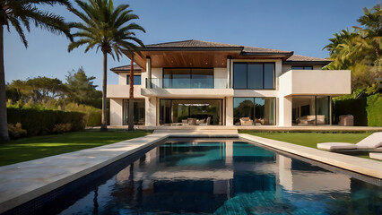Fototapeta premium Luxury villa with backyard with palm trees and pool.This expansive luxury villa boasts a modern architectural design, complemented by towering palm trees and a glistening pool.