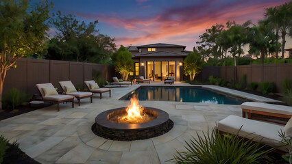A luxury house backyard with pool and fire pit at sunset.A modern home with a cozy backyard featuring a fire pit, pool, and lounge chairs.