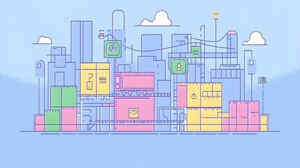 Fototapeta premium Abstract Cityscape Illustration with Buildings Clouds and Train