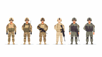 Fototapeta premium Six Military Soldiers in Different Camouflage Uniforms and Gear Standing in a Row illustration