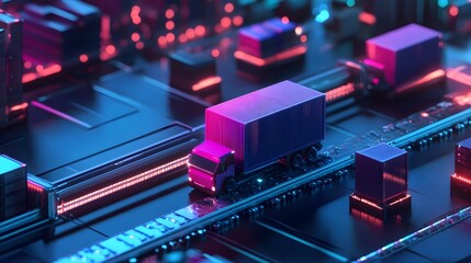 Futuristic Cityscape with Neon Lights and Delivery Truck