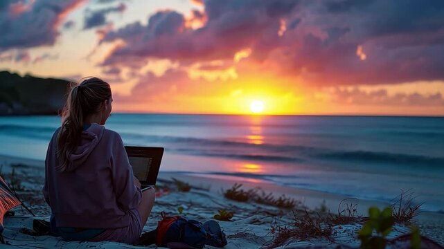 A woman sits on the sandy beach, focused on her laptop as the sun sets, casting vibrant colors across the sky and gentle waves lapping at the shore.