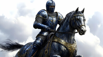 Fototapeta premium A Digital Illustration of a Knight in Full Armor Riding a Black Horse with Golden Accents Against a Cloudy Sky